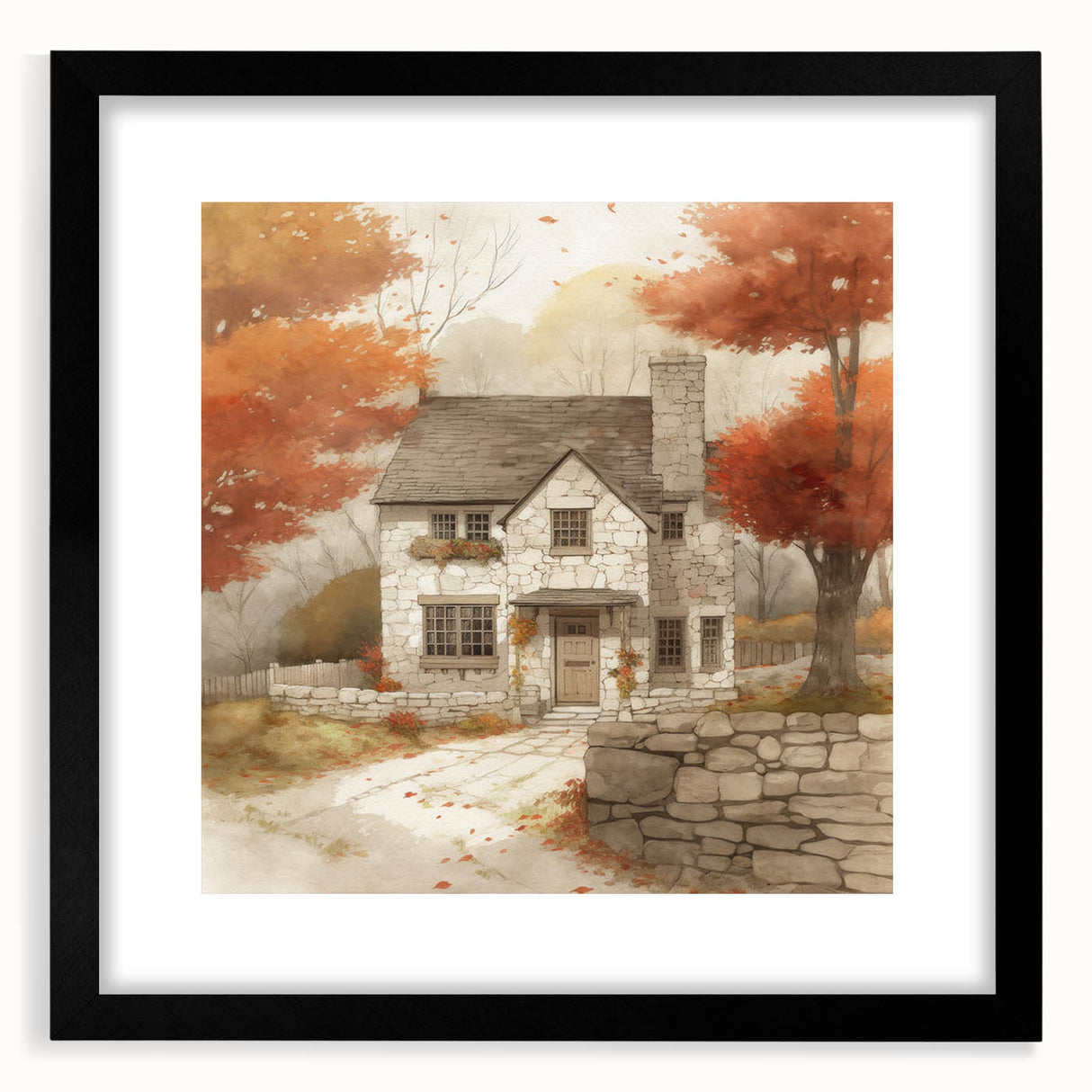 Extra large abstract art print featuring vibrant autumnal colors on textured canvas, framed in black.