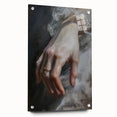 Abstract figurative acrylic artwork displayed in a clear glass frame, showcasing vibrant colors and intricate details, accentuated by decorative pins, ideal for contemporary decor.