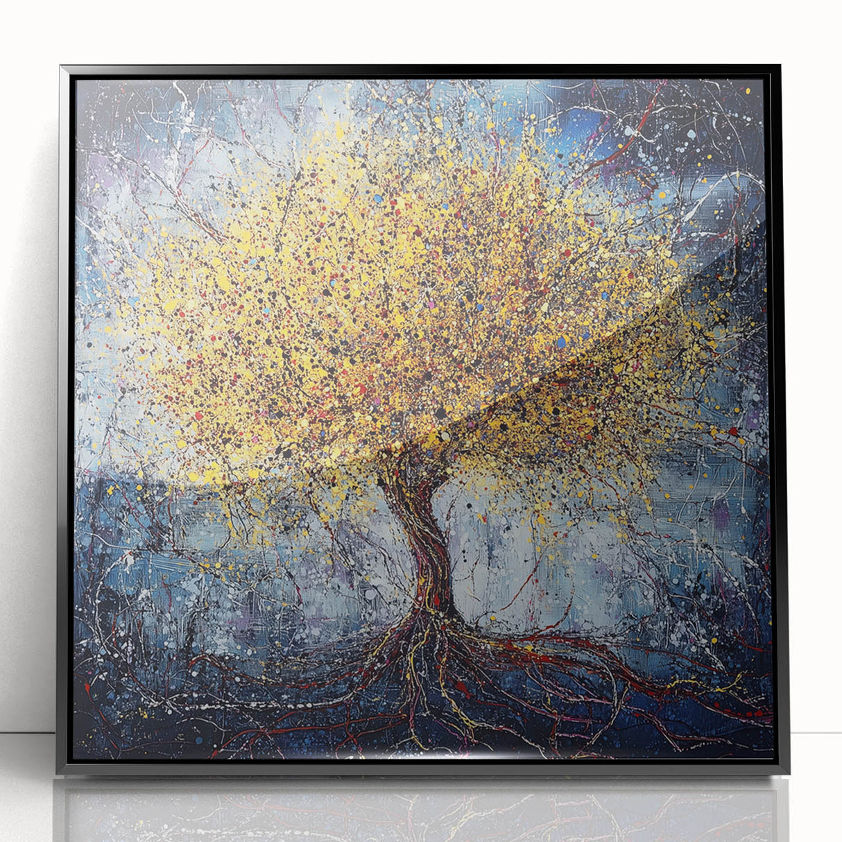Framed acrylic artwork showcasing vibrant abstract floral designs in a sleek black frame, ideal for modern decor, enhancing any living space with a touch of elegance.