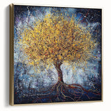 Framed canvas artwork showcasing an abstract floral design in silver and gold tones, elegantly displayed against a neutral background, perfect for modern decor.