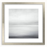 Abstract landscape framed art with a silver mat, showcasing a blend of soft blues and earthy tones, perfect for modern home decor or office ambiance.