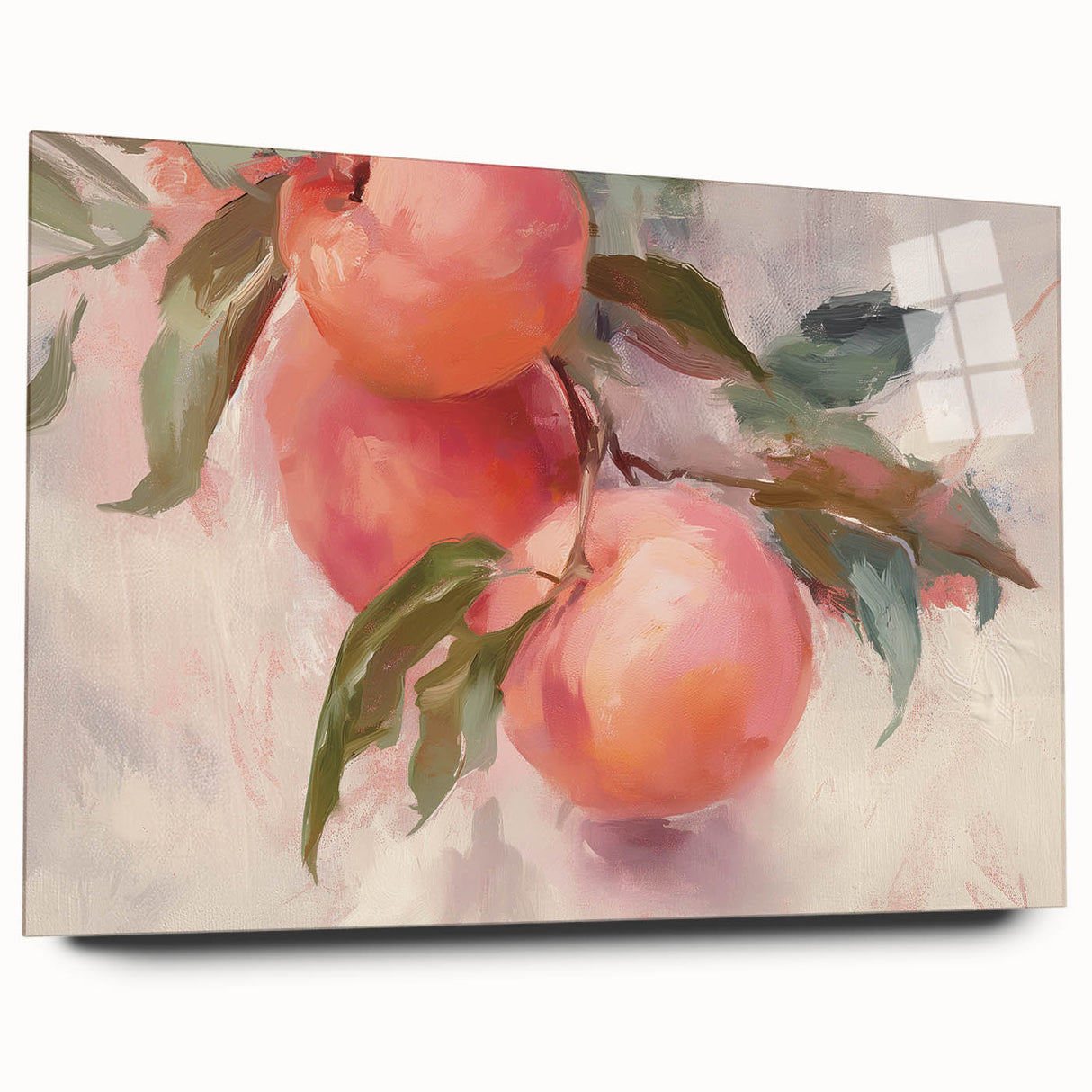 Large abstract wall art featuring assorted fruits in vibrant colors on acrylic glass, ideal for bedroom or dining room art.