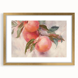 Extra large abstract art print featuring textured fruits in vibrant colors, framed in gold, ideal for living room decor.
