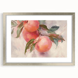 Textured art depicting abstract fruit designs in vibrant colors on a framed silver mat, ideal for bedroom wall decor.