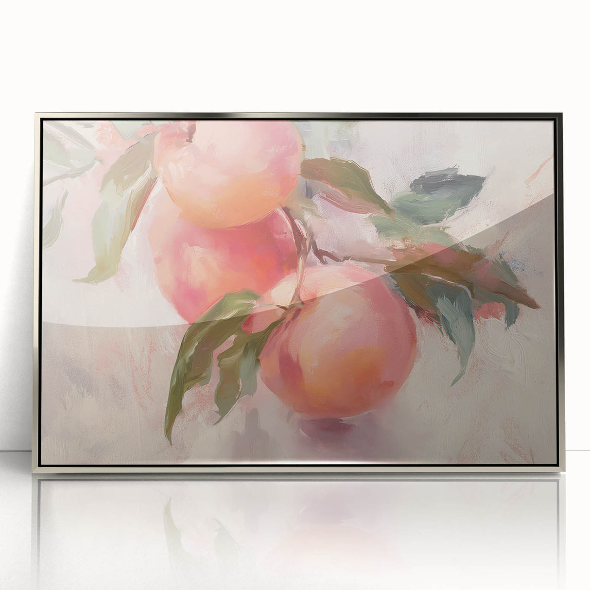 Mid-century modernist art featuring an array of colorful fruits on a silver-framed acrylic print.