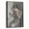 Abstract figurative framed canvas artwork showcasing bold black tones and intricate patterns, elegantly displayed from a side view, perfect for modern home decor.