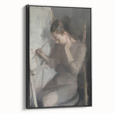 Abstract figurative framed canvas artwork showcasing bold black tones and intricate patterns, elegantly displayed from a side view, perfect for modern home decor.