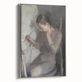Framed abstract figurative canvas artwork with a silver frame, showcasing vibrant colors and dynamic shapes, perfect for modern home decor or art collections.