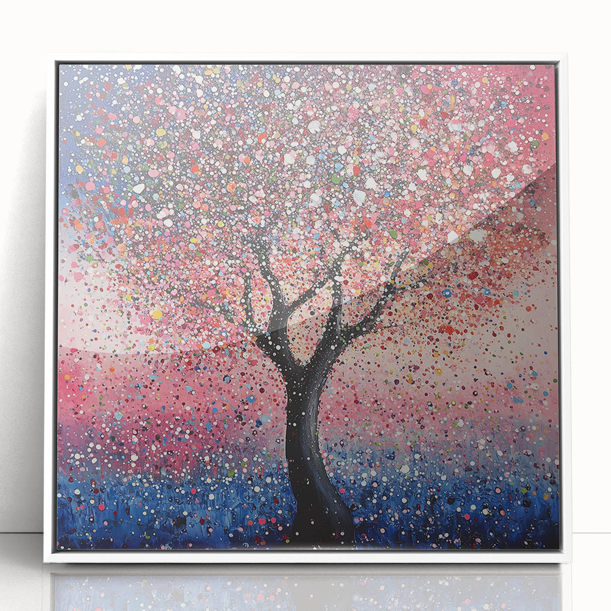 Framed acrylic artwork showcasing vibrant abstract florals in shades of pink, blue, and green, set against a clean white background, ideal for modern home decor.