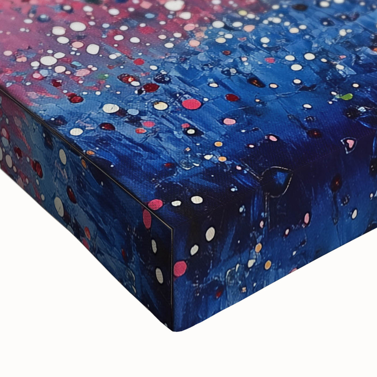 Close-up of an abstract floral stretched canvas artwork showcasing vibrant colors and intricate details, perfect for modern home decor or art enthusiasts.