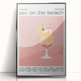 Mid-century modernist art deco poster featuring an abstract food and drinks motif in pastel hues on a framed acrylic.