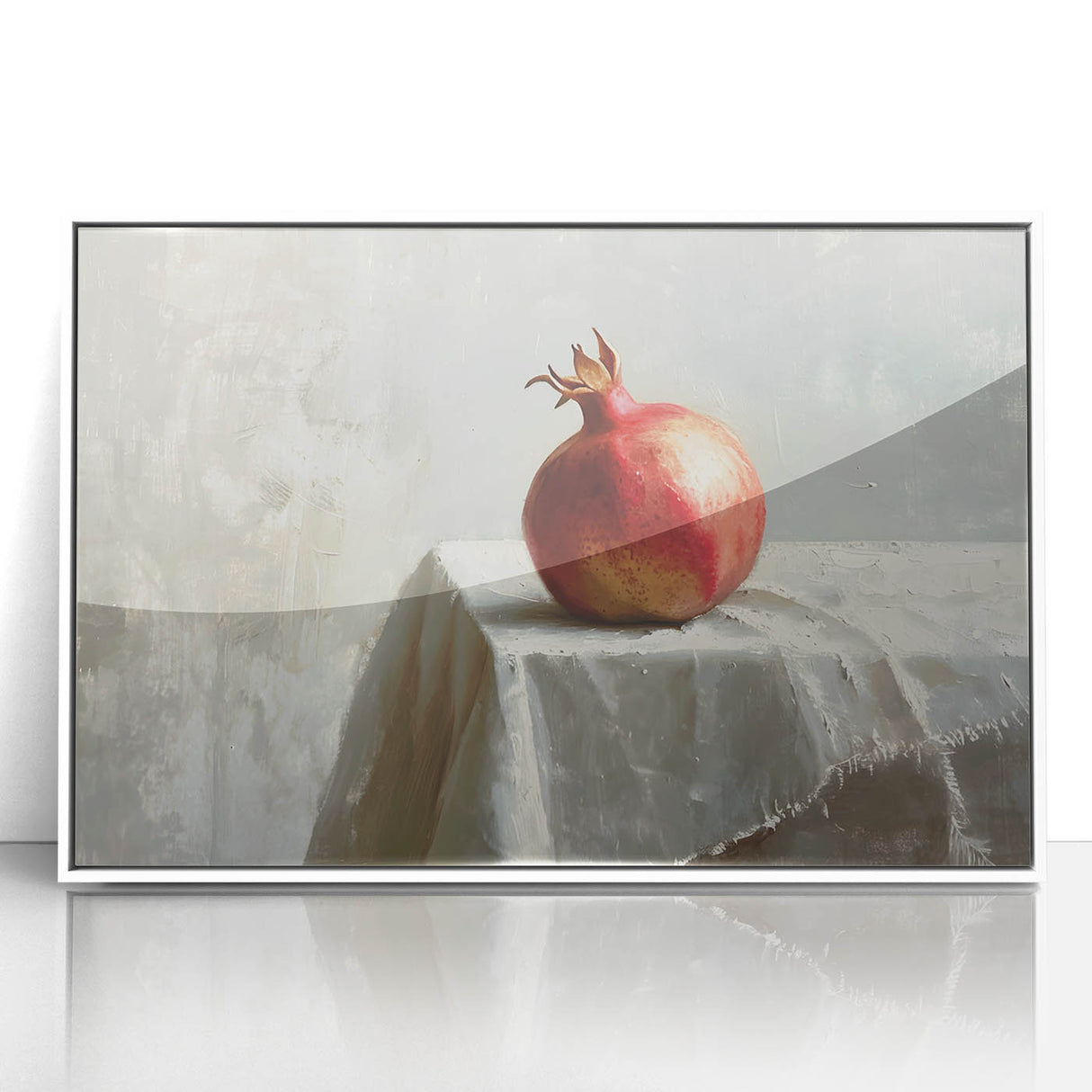 Acrylic print of assorted fruits in art deco style, framed in white, suitable for modern nursery decor.