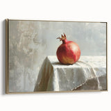 Framed canvas featuring a vintage poster of assorted fruits in muted colors, ideal for bedroom wall art.