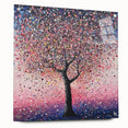 Abstract floral design on acrylic glass, showcasing vibrant colors and intricate patterns. Side view highlights the sleek edges and pin mounts for display.