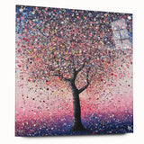 Abstract floral design on acrylic glass, showcasing vibrant colors and intricate patterns. Side view highlights the sleek edges and pin mounts for display.