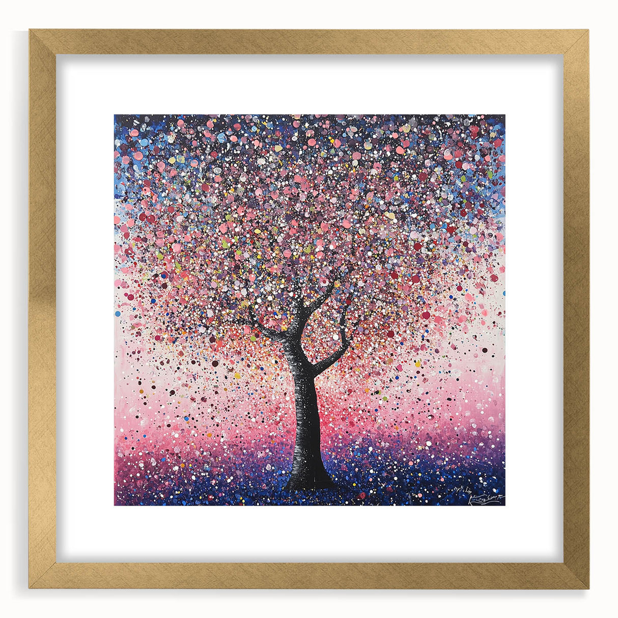 Elegant abstract floral art print framed in a gold mat, showcasing vibrant colors and intricate designs, perfect for enhancing home decor and artistic spaces.