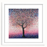 Abstract floral art print framed with a white mat, showcasing vibrant colors and intricate designs, ideal for modern home decor and artistic displays.