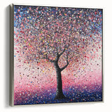 Framed canvas artwork showcasing an abstract floral design in vibrant colors, with a sleek silver frame, ideal for modern home decor and artistic accents.