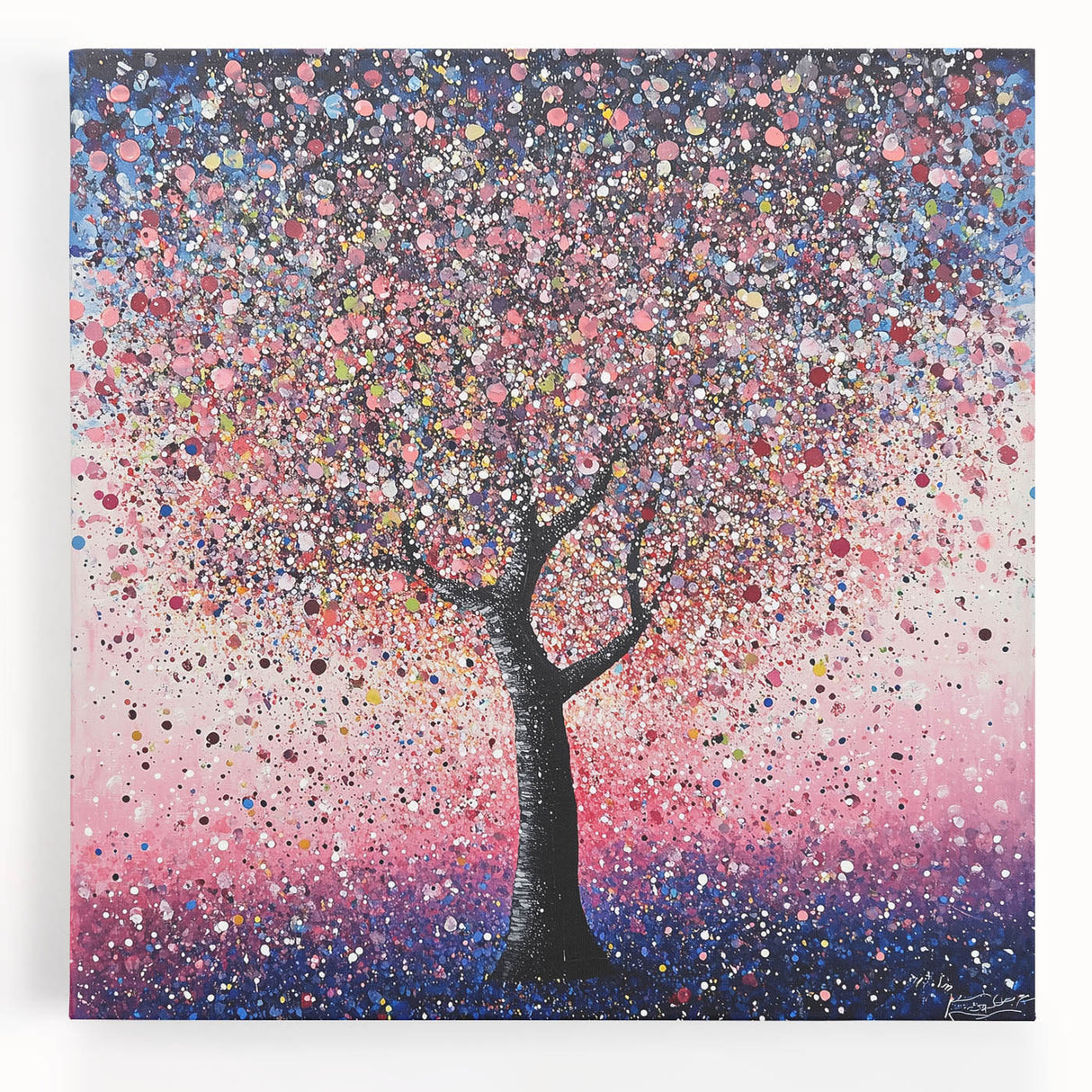 Vibrant abstract floral stretched canvas artwork showcasing bold colors and intricate patterns, perfect for modern home decor. Ideal for creating a lively atmosphere.