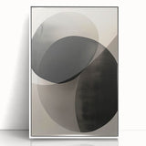 Abstract minimalist wall art framed in white acrylic, showcasing a modern design with soft hues and geometric shapes, perfect for contemporary decor.