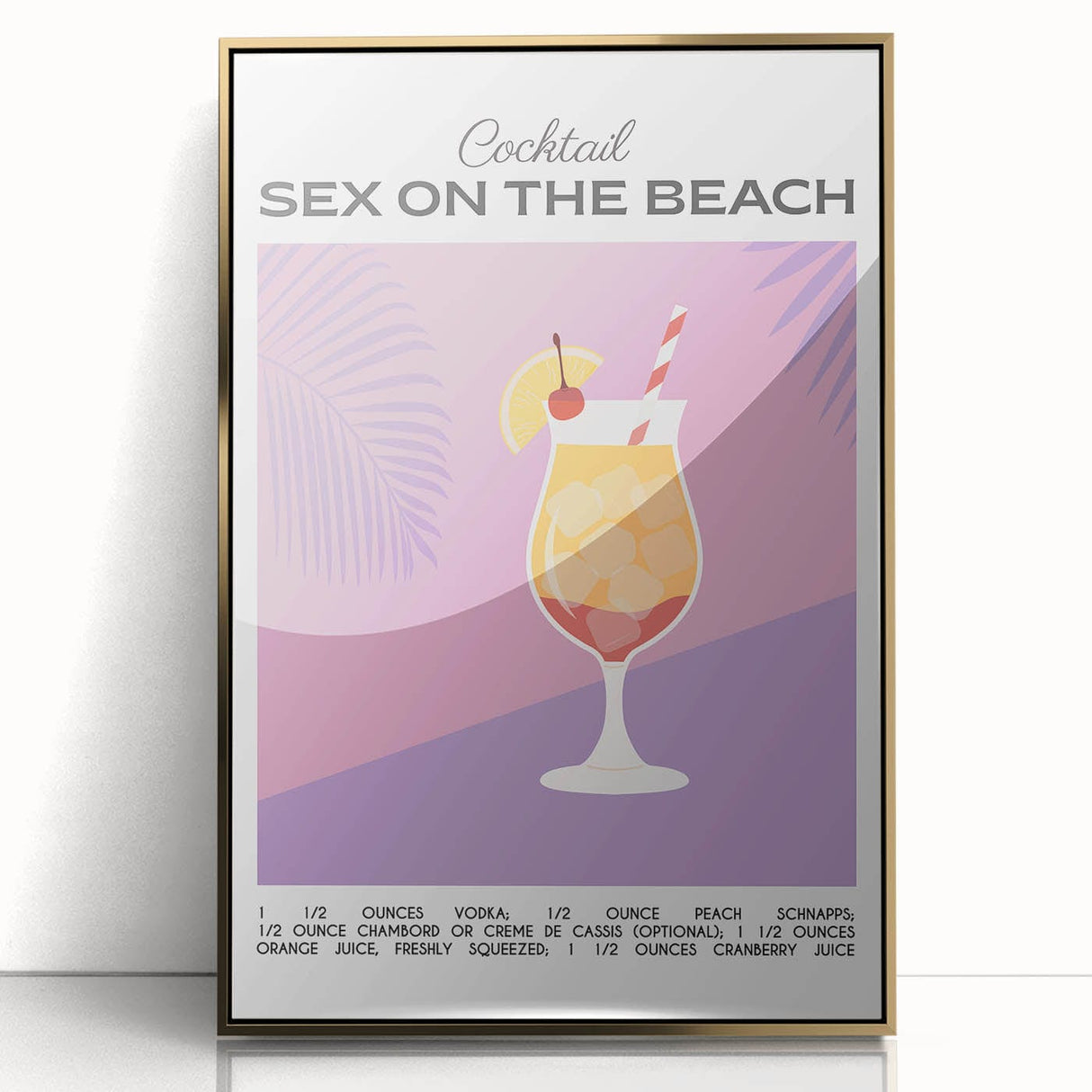 Mid-century modernist large art print depicting assorted beverages in vibrant colors, framed in gold acrylic.