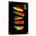 Acrylic glass print of large abstract wall art featuring assorted fruits in vibrant colors, ideal for dining room decor.