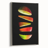 Landscape art painting featuring a variety of colorful fruits on a black background, framed in silver.