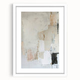 Abstract minimalist wall art framed in white with a mat, showcasing geometric shapes and soft colors, ideal for modern home decor. Perfect for enhancing living spaces.