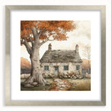 Textured art depicting abstract fall foliage in warm orange and red tones, framed in silver, suitable for bedroom decor.