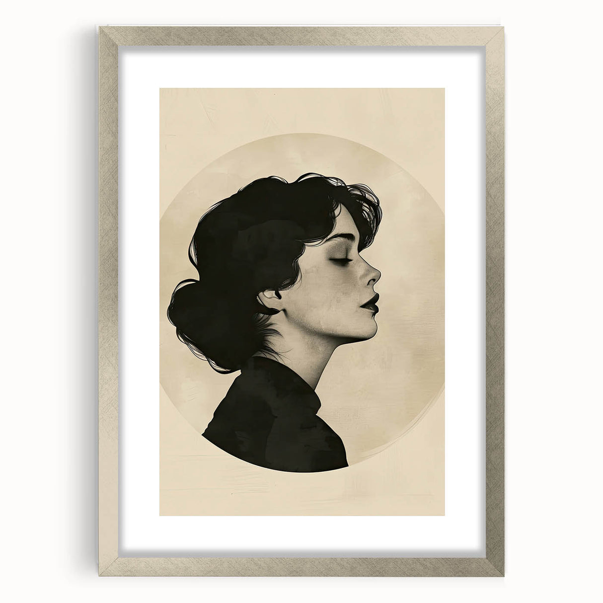 Abstract minimalist wall art framed in silver with a mat, showcasing a sleek design ideal for modern decor, perfect for enhancing living spaces.