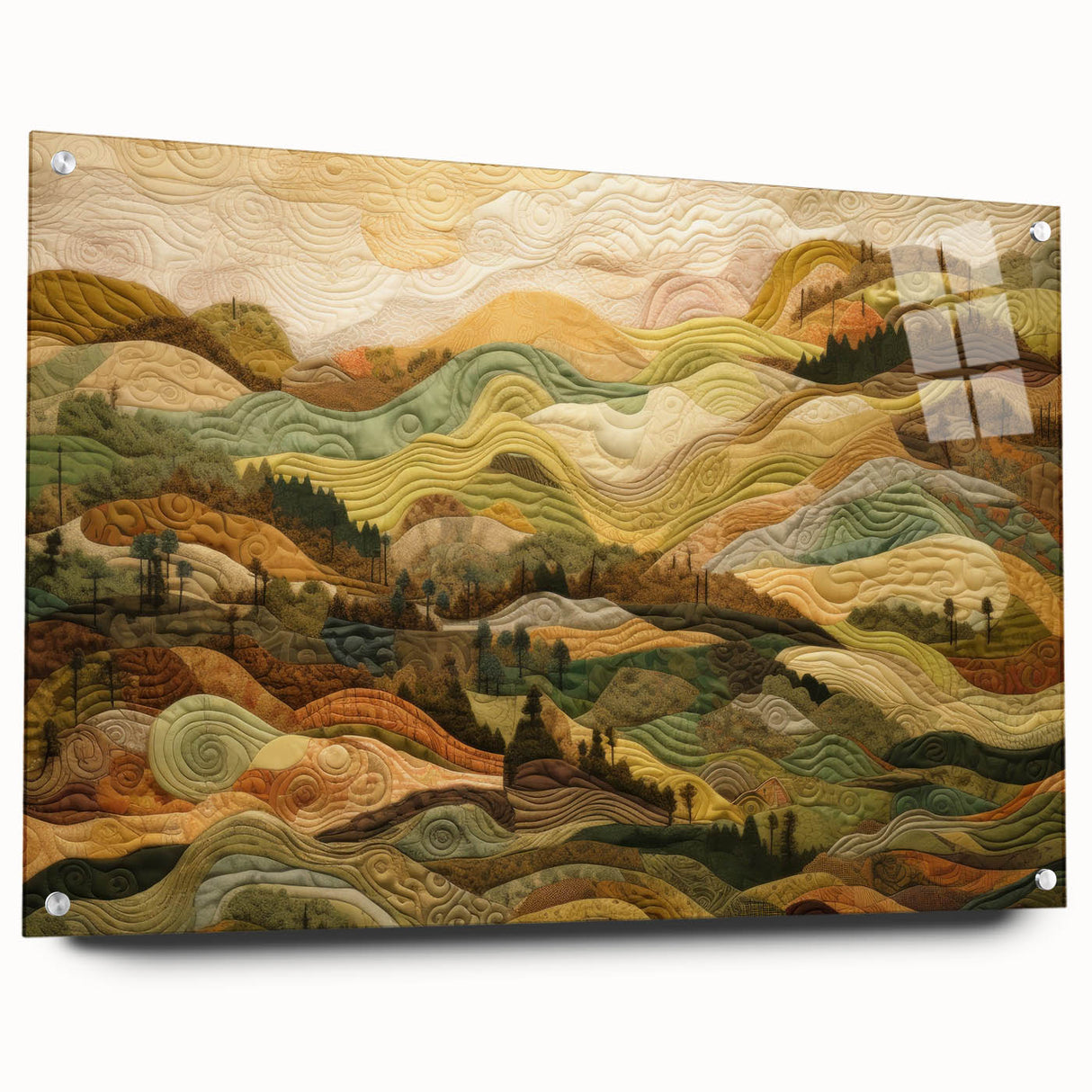 Large abstract wall art depicting fall seasons in muted orange and brown tones, acrylic glass, ideal for dining room decor.