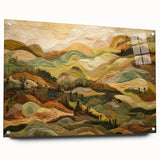Large abstract wall art depicting fall seasons in muted orange and brown tones, acrylic glass, ideal for dining room decor.