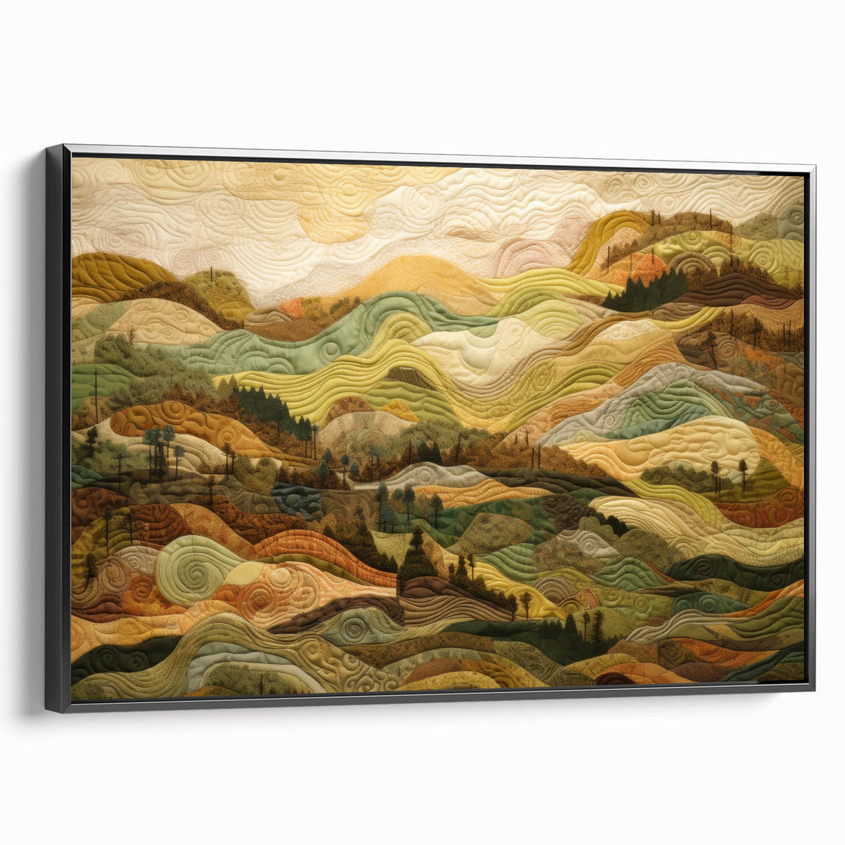 Framed canvas depicting a vintage landscape painting of autumn trees in earthy tones, ideal for bedroom wall art.