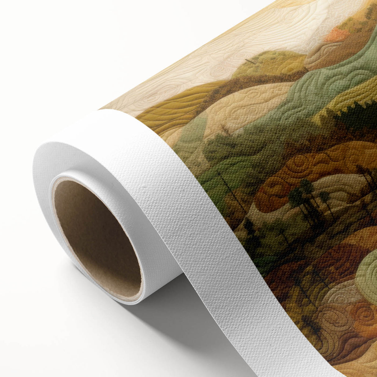 Art Deco poster featuring an autumnal forest scene on rolled canvas, using warm orange and brown tones.