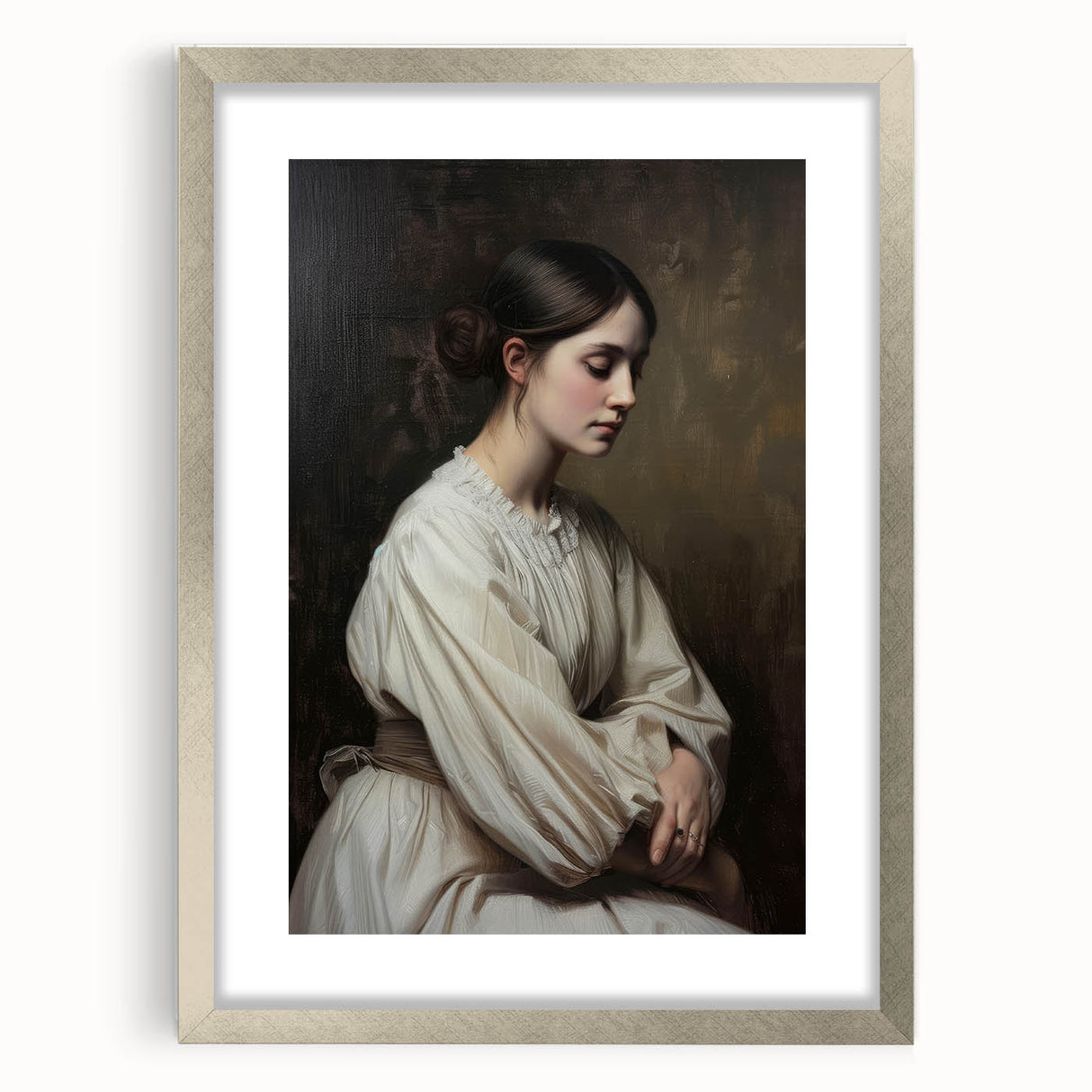 Abstract figurative frame with a silver mat showcasing a modern art piece, perfect for enhancing contemporary home decor. The sleek design complements various interiors.