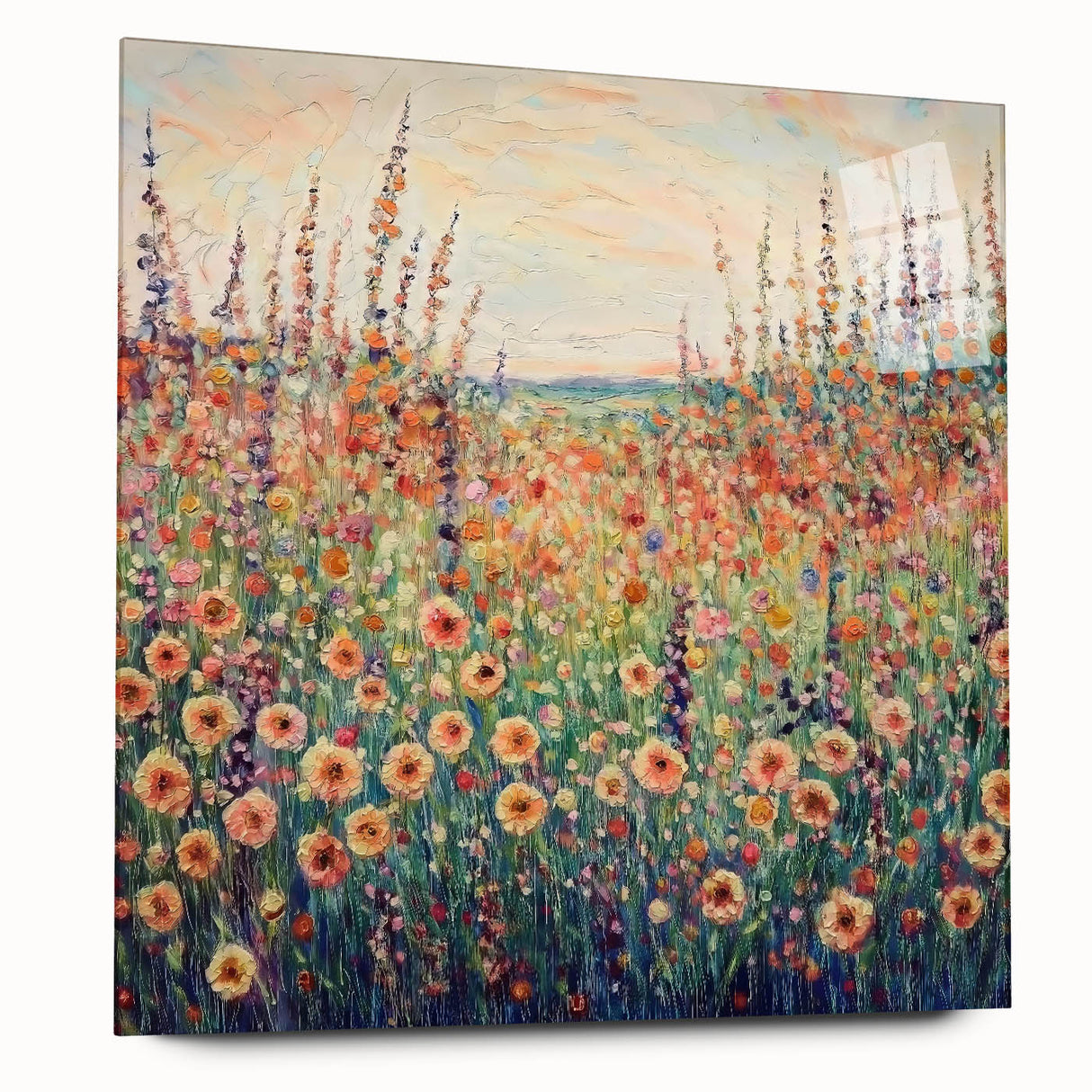 Abstract floral acrylic artwork displayed on clear glass, showcasing vibrant colors and intricate details, perfect for modern decor. This side view highlights the piece's sleek design without visible pins, enhancing its contemporary aesthetic.