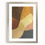 Abstract minimalist wall art framed in silver, featuring soft color gradients and geometric shapes, perfect for modern decor. Displayed with a white mat for an elegant finish.