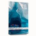 Acrylic glass artwork depicting a vibrant landscape scene with intricate cave details, mounted on a side view display and secured with pins, perfect for modern decor.
