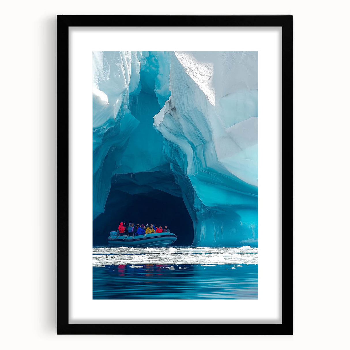 Framed black landscape artwork showcasing intricate cave designs, presented in a sleek black frame with a white mat, ideal for modern home decor. Perfect for nature enthusiasts and art lovers seeking to enhance their living space aesthetics.