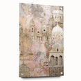 Abstract architectural wall art piece displayed from a side view, featuring vibrant colors and sleek acrylic glass framing with visible mounting pins, perfect for modern decor.