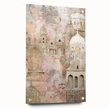 Abstract architectural wall art piece displayed from a side view, featuring vibrant colors and sleek acrylic glass framing with visible mounting pins, perfect for modern decor.