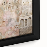 Abstract architectural wall art featuring a close-up view of intricate geometric patterns in vibrant colors, elegantly framed and suitable for modern decor. The piece showcases a blend of contemporary design and artistic expression, perfect for enhancing living spaces.