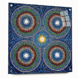 Abstract geometric acrylic glass artwork featuring a side view with visible pins, showcasing vibrant colors and sharp angles, ideal for modern decor.