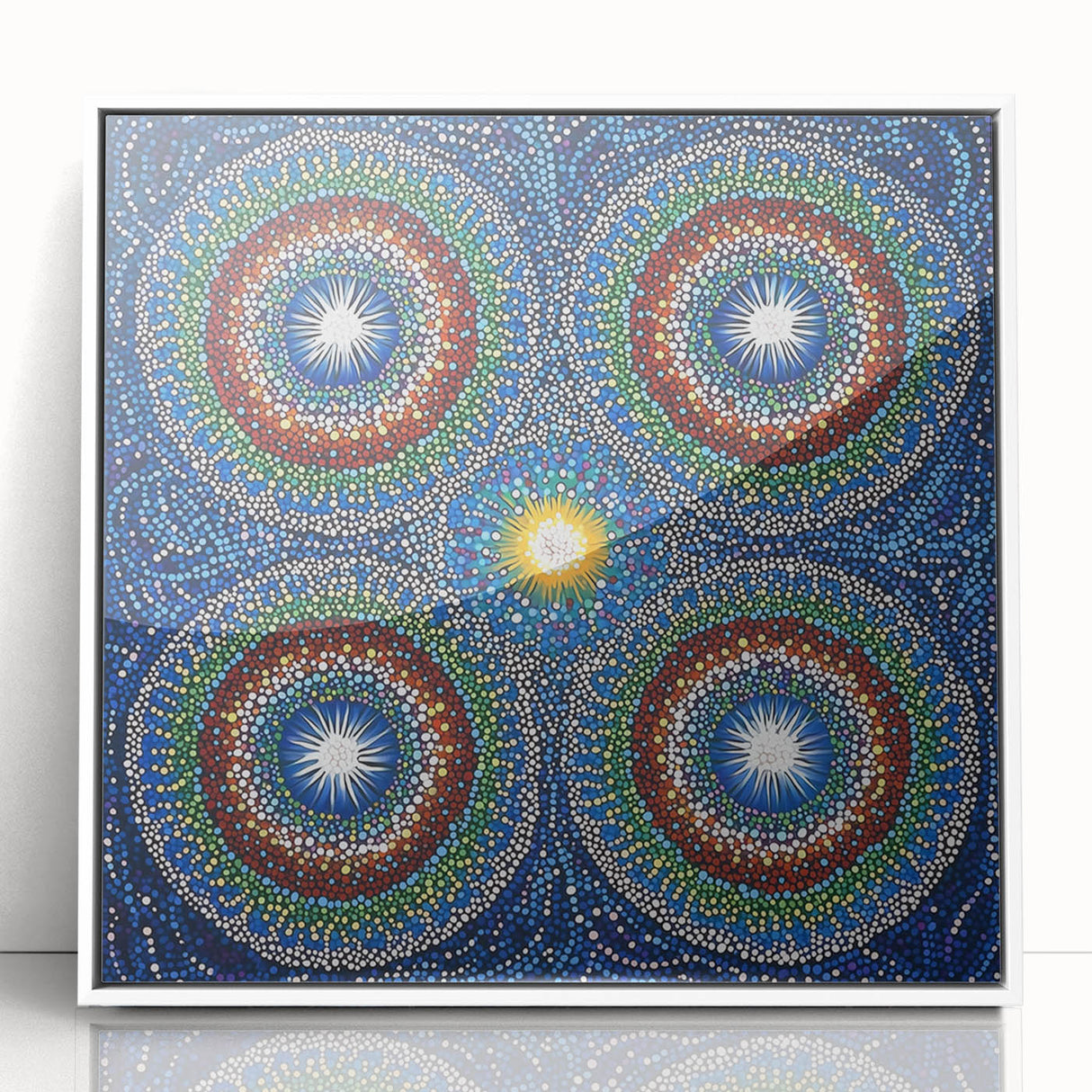 Abstract geometric design in a sleek white frame, showcasing vibrant colors and modern shapes, ideal for contemporary home decor, adding a stylish touch to any space.