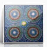 Abstract geometric design in a sleek white frame, showcasing vibrant colors and modern shapes, ideal for contemporary home decor, adding a stylish touch to any space.