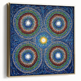 Framed abstract geometric canvas art in silver and gold hues, showcasing modern design elements. Ideal for contemporary home decor, adding elegance to any space.