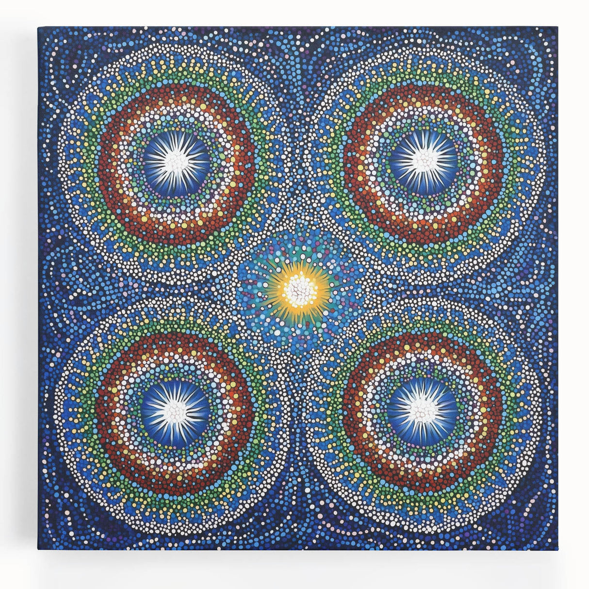 Abstract geometric design stretched canvas artwork showcasing vibrant colors and intricate patterns, ideal for modern home decor or office spaces. Perfect for adding a contemporary touch to any room.