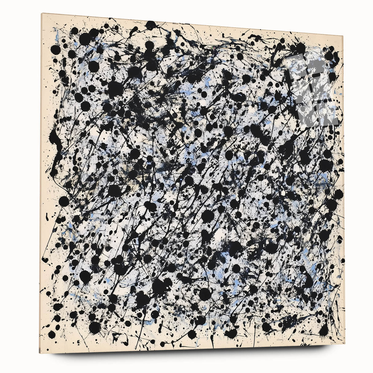 Abstract acrylic glass artwork showcasing vibrant splatter designs in a side view, highlighting its glossy finish and unique color combinations, perfect for modern decor.