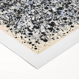 Abstract splatter art on rolled canvas showcasing vibrant blue, yellow, and red colors, ideal for modern home decor. Packaged securely in a durable cardboard tube.