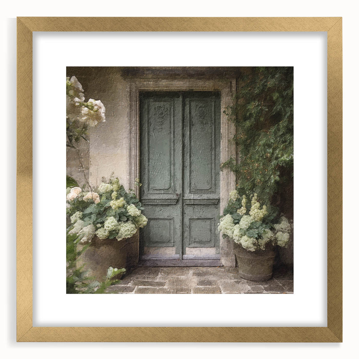 Extra large abstract art print featuring textured door design in gold tones, framed with mat, ideal for living room decor.